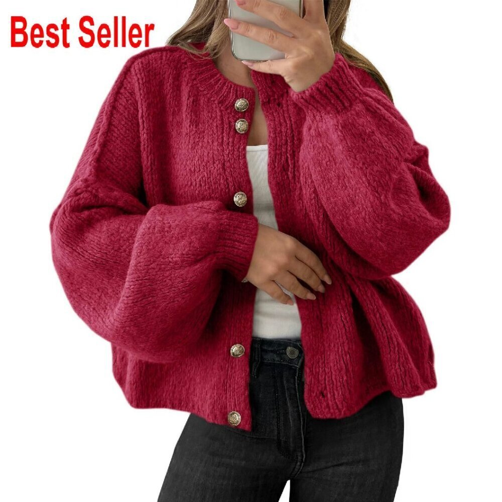 Oversized Cardigan Chunky Knit Button Up Lantern Sleeve Cozy Fall Sweater